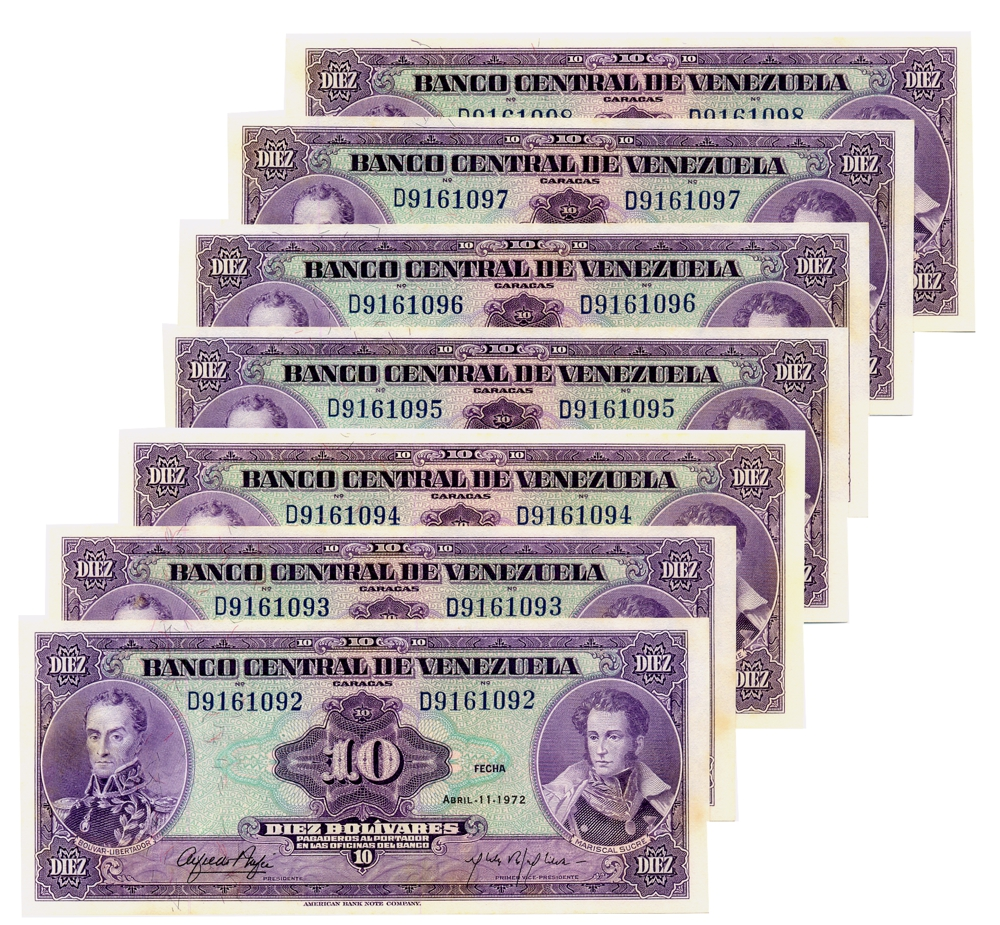 7 Billetes Consecutivos 10 Bolívares 1972 D7 Seriales D9161092 al D9161098 - Numisfila
