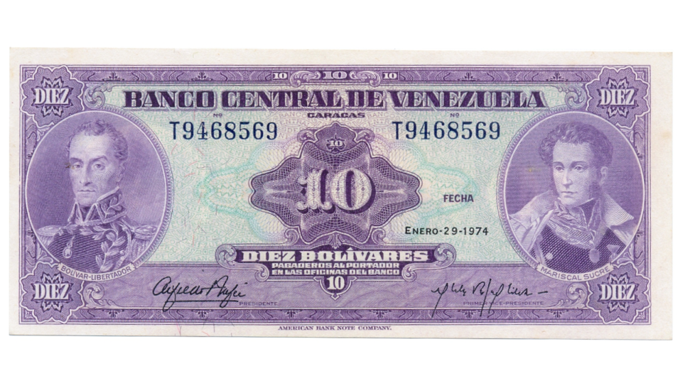 Billete 10 Bolívares 1974 Buen T7 Serial T9468569 - Numisfila