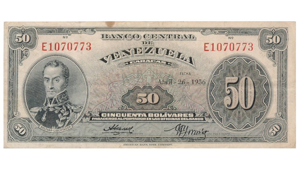 Billete 50 Bolívares Abril 1956 Difícil E7 Serial E1070773 - Numisfila