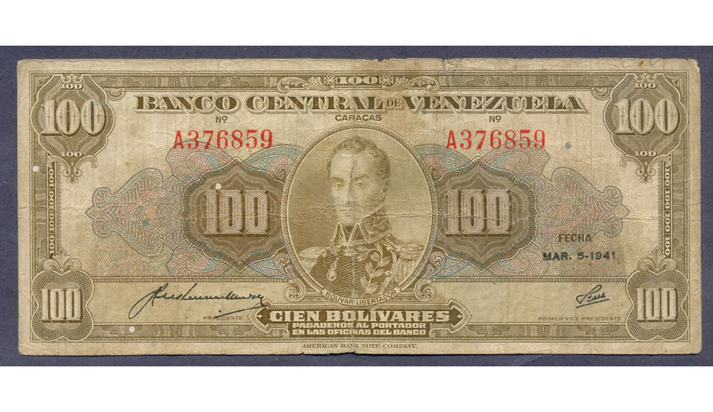Muy Escaso Billete 100 Bolívares Marzo 5 1941 Serial A376859 - Numisfila
