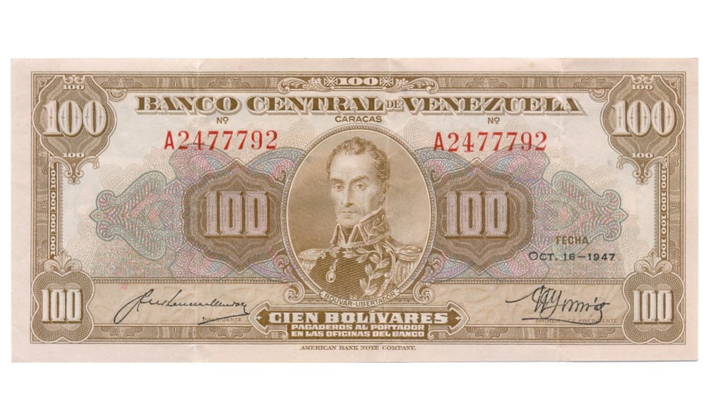 Billete 100 Bolívares Octubre 1947 Serial A2477792 - Numisfila