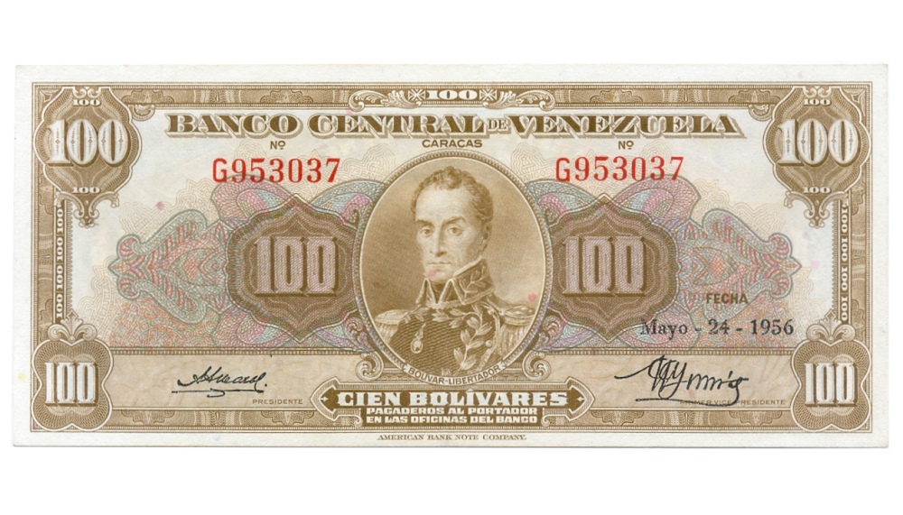 Excelente Billete 100 Bolívares Mayo 1956 G6 Serial G953037 - Numisfila