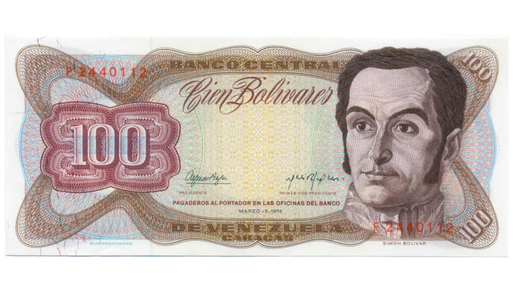 Billete 100 Bolívares 1974 F7 Serial Rojo F2440112 - Numisfila