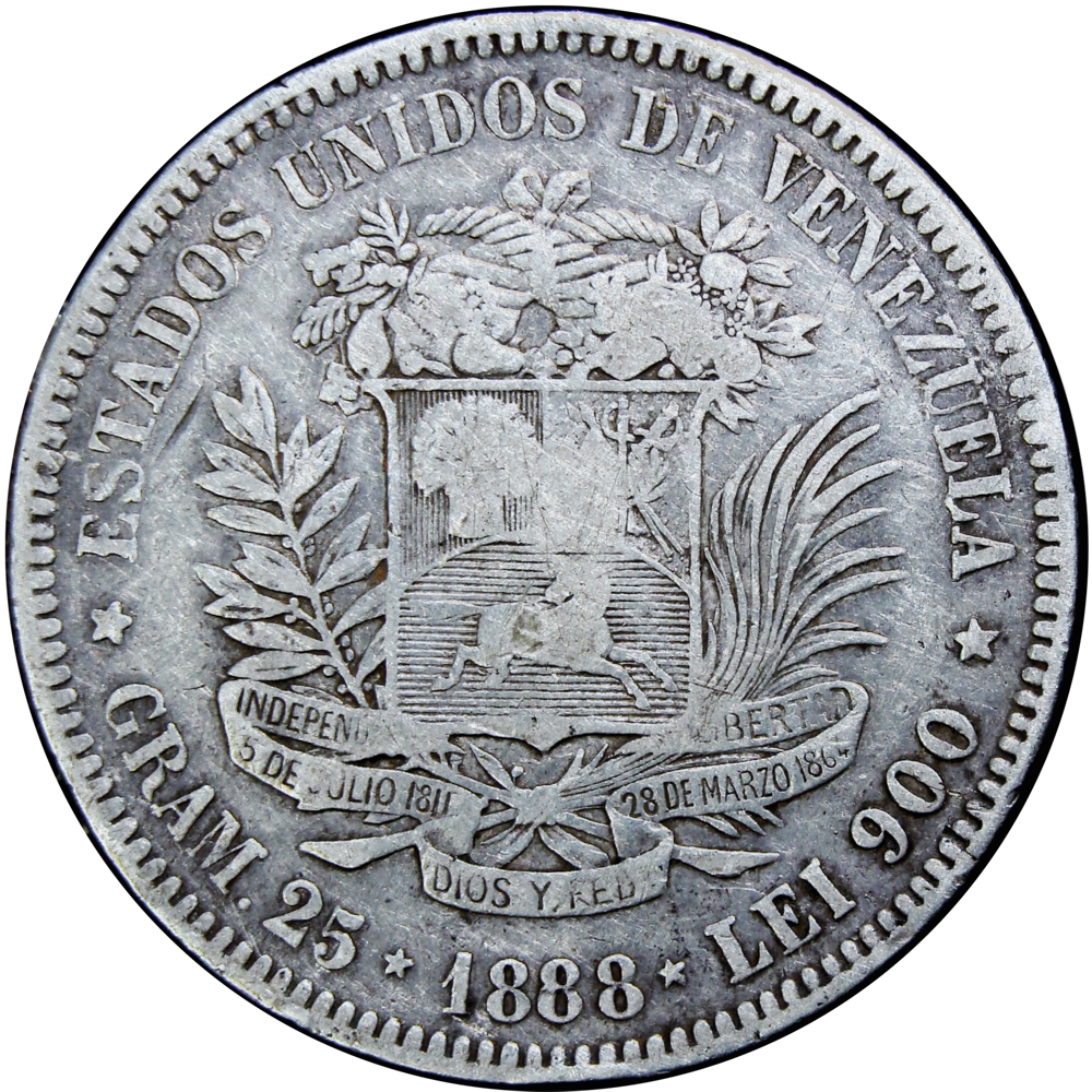 Fuerte de Plata Moneda 5 Bolivares 1888 2do 8 Alto - Numisfila