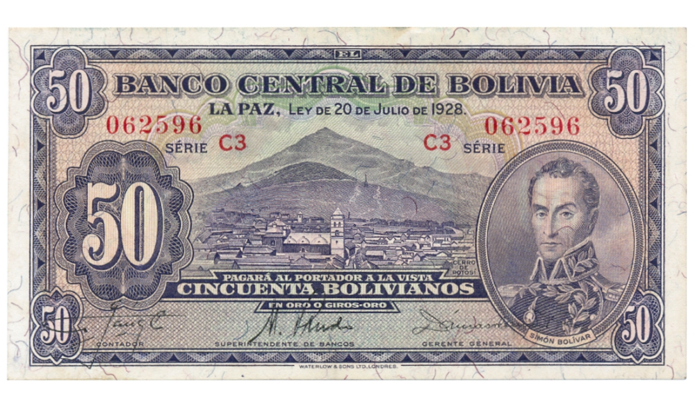 Billete Bolivia 50 Bolivianos 1928 Simón Bolívar - Potosí - Numisfila