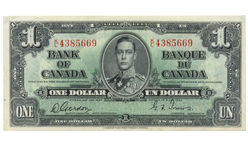 Canadá Billete One Dolar 1937-  Rey George V  - Numisfila