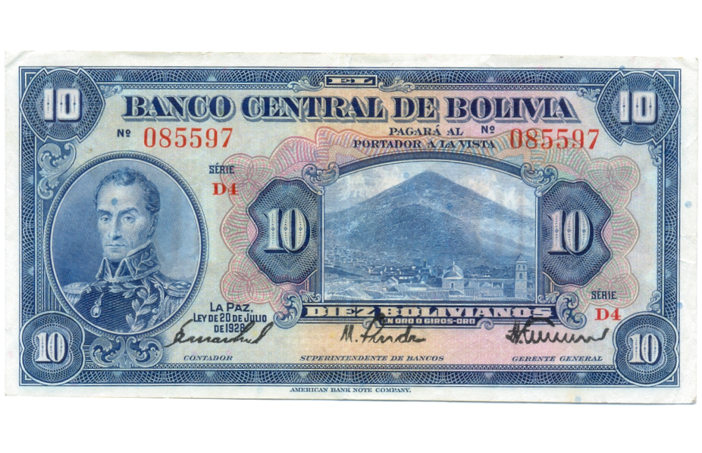 Billete Bolivia 10 Bolivianos - Un Bolivar 1928 Simón Bolívar y Potosi  - Numisfila