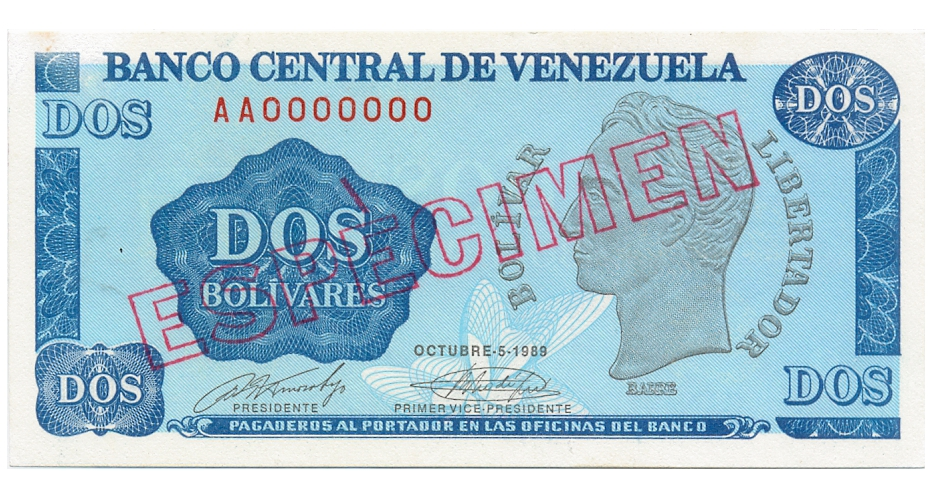 Especimen Billete 2 Bolívares AA7 1989 Tinoquito - Numisfila