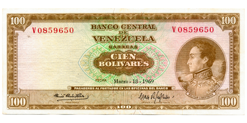 Billete 100 Bolívares 1969 V7 Serial V0859650 - Numisfila