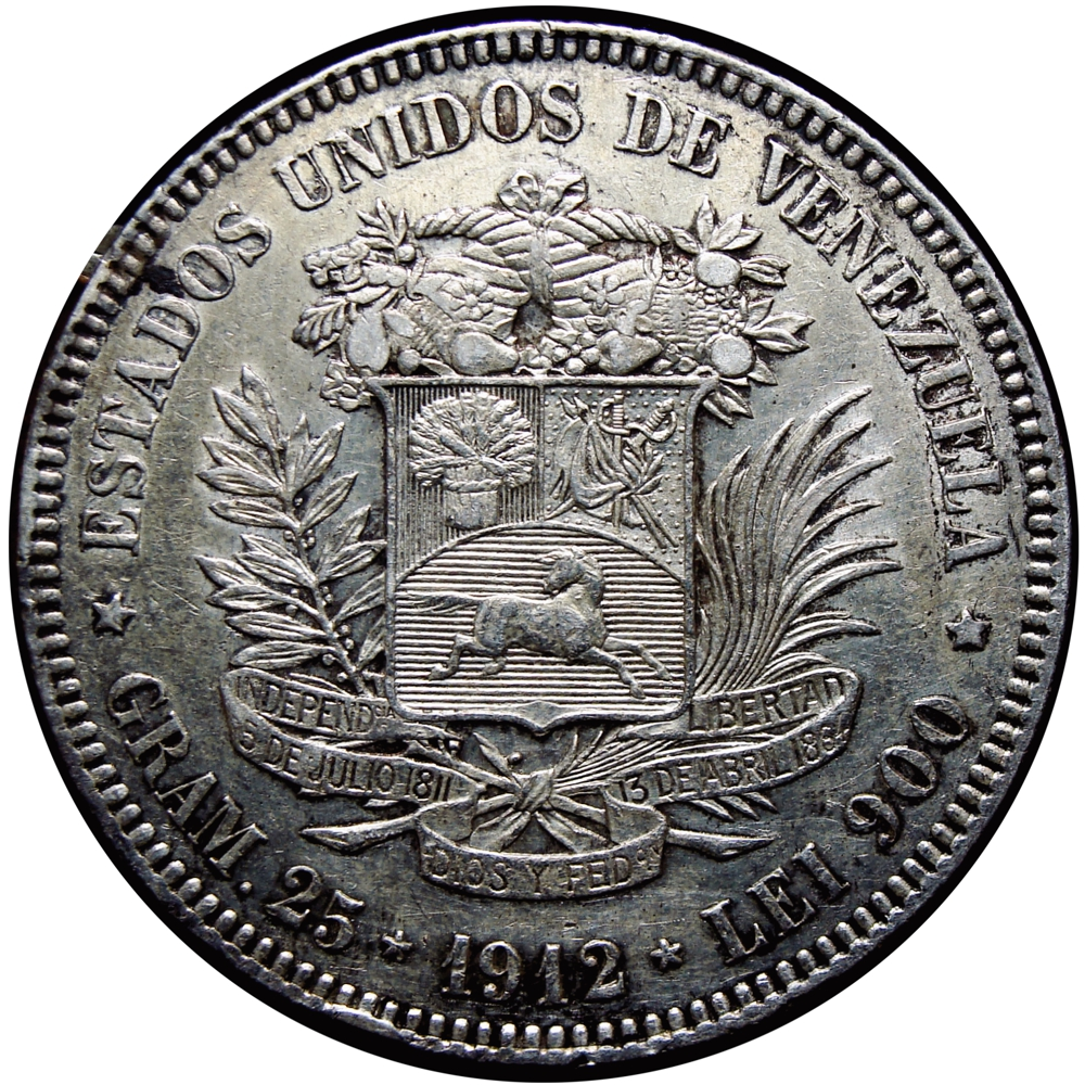 Fuerte Moneda de Plata 5 Bolívares 1912 Fecha Ancha - Numisfila