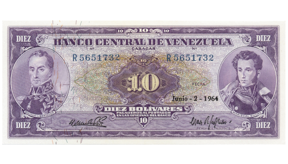 Bello Billete 10 Bolívares 1964 R7 Serial R5651732 - Numisfila