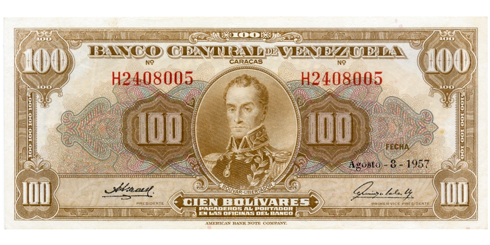 Billete 100 Bolívares Agosto 1957 H7 Serial H2408005  - Numisfila