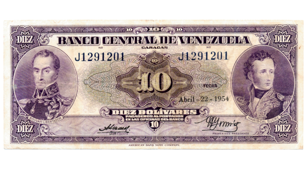 Billete 10 Bolívares Abril 1954 J7 Serial J1291201 - Numisfila