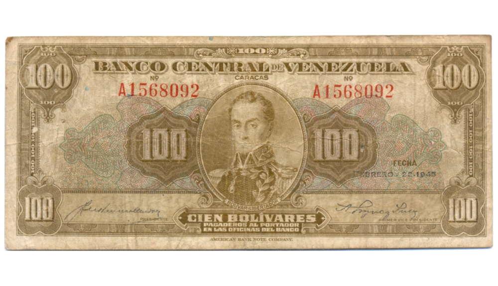 Billete 100 Bolívares Febrero 22 1945 Serial A1568092 - Numisfila