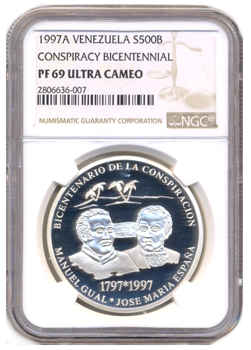 Gual y España Moneda de Plata 500 Bolívares 1997 NGC PF 69 ULTRA CAMEO - Numisfila