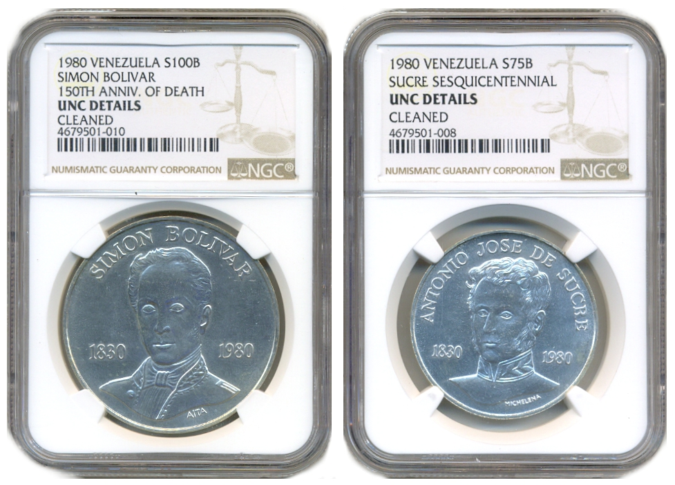 Pareja Bolívar y Sucre 1980 Monedas 100 y 75 Bolívares NGC UNC Details - Numisfila