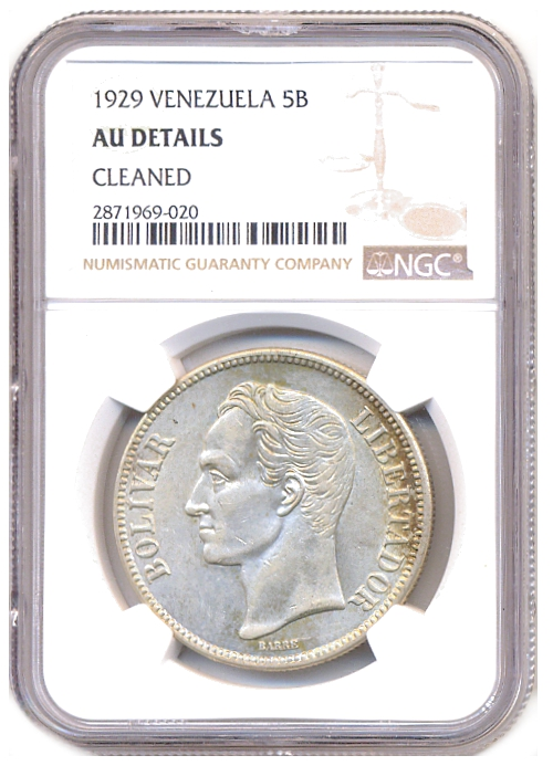 Moneda de Plata 5 Bolívares 1929 - Cápsula NGC AU Details - Numisfila