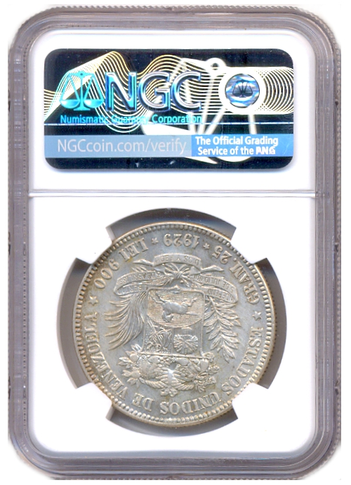 Moneda de Plata 5 Bolívares 1929 - Cápsula NGC AU Details  - Numisfila