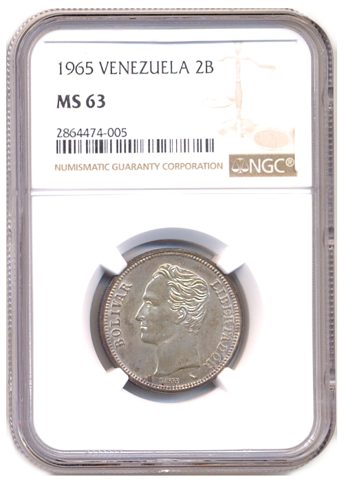 Moneda de Plata 2 Bolívares 1965 En cápsula NGC MS 63 - Numisfila