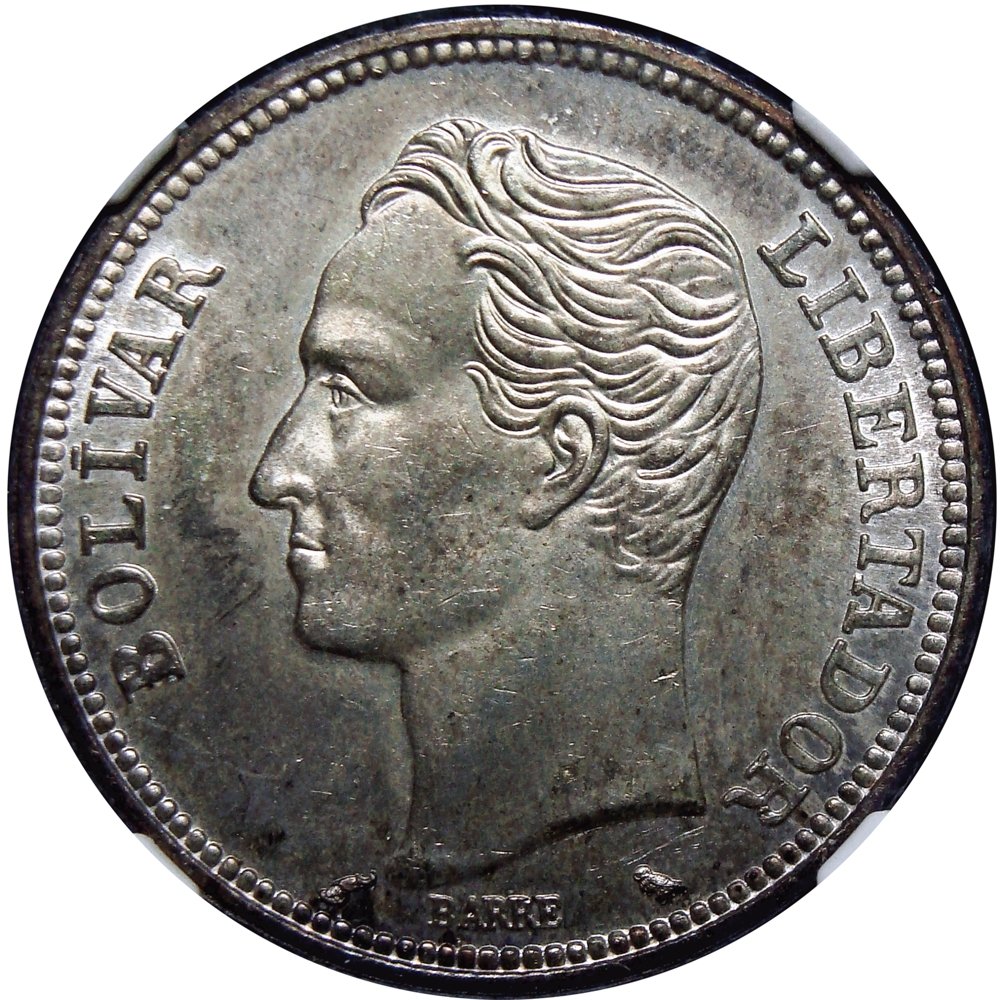 Moneda de Plata 2 Bolívares 1965 En cápsula NGC MS 63  - Numisfila