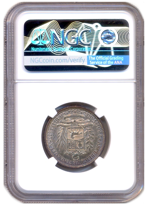 Moneda de Plata 2 Bolívares 1965 En cápsula NGC MS 63  - Numisfila
