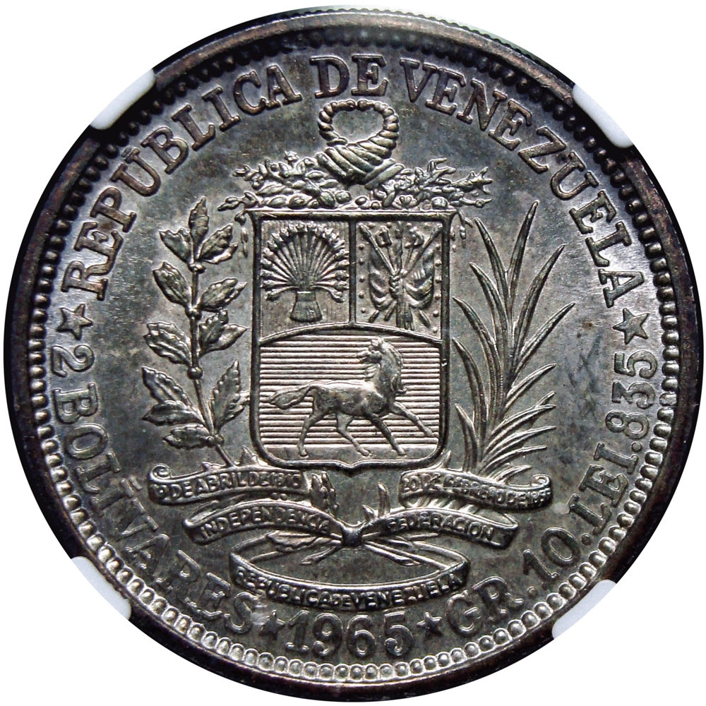 Moneda de Plata 2 Bolívares 1965 En cápsula NGC MS 63  - Numisfila