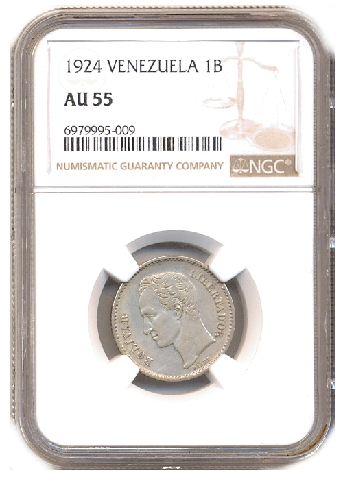 Moneda de Plata 1 Bolívar 1924 Cápsula NGC AU 55 - Numisfila