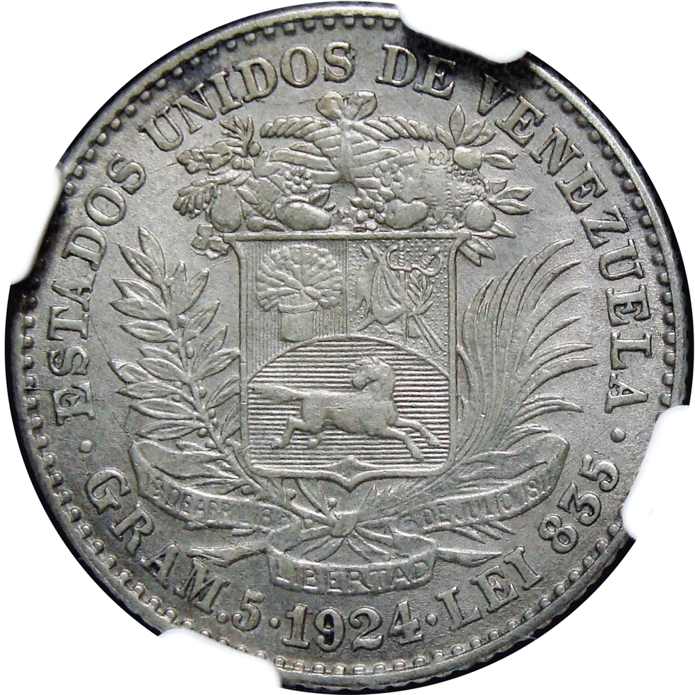 Moneda de Plata 1 Bolívar 1924 Cápsula NGC AU 55  - Numisfila