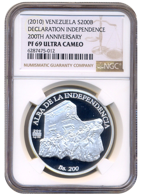 Moneda de Plata Alba de la Independencia 200 Bolívares 2010 NGC PF 69 - Numisfila