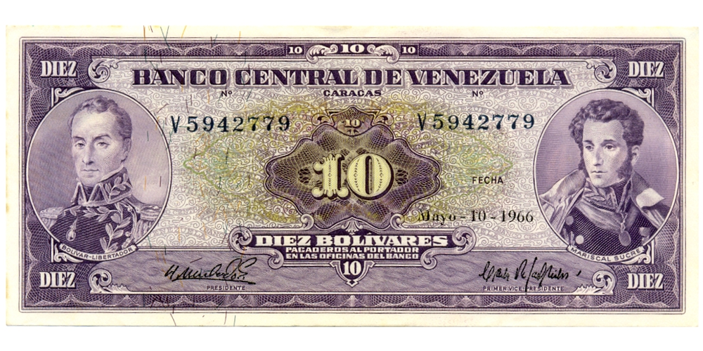Billete 10 Bolívares 1966 V7 Serial V5942779 - Numisfila