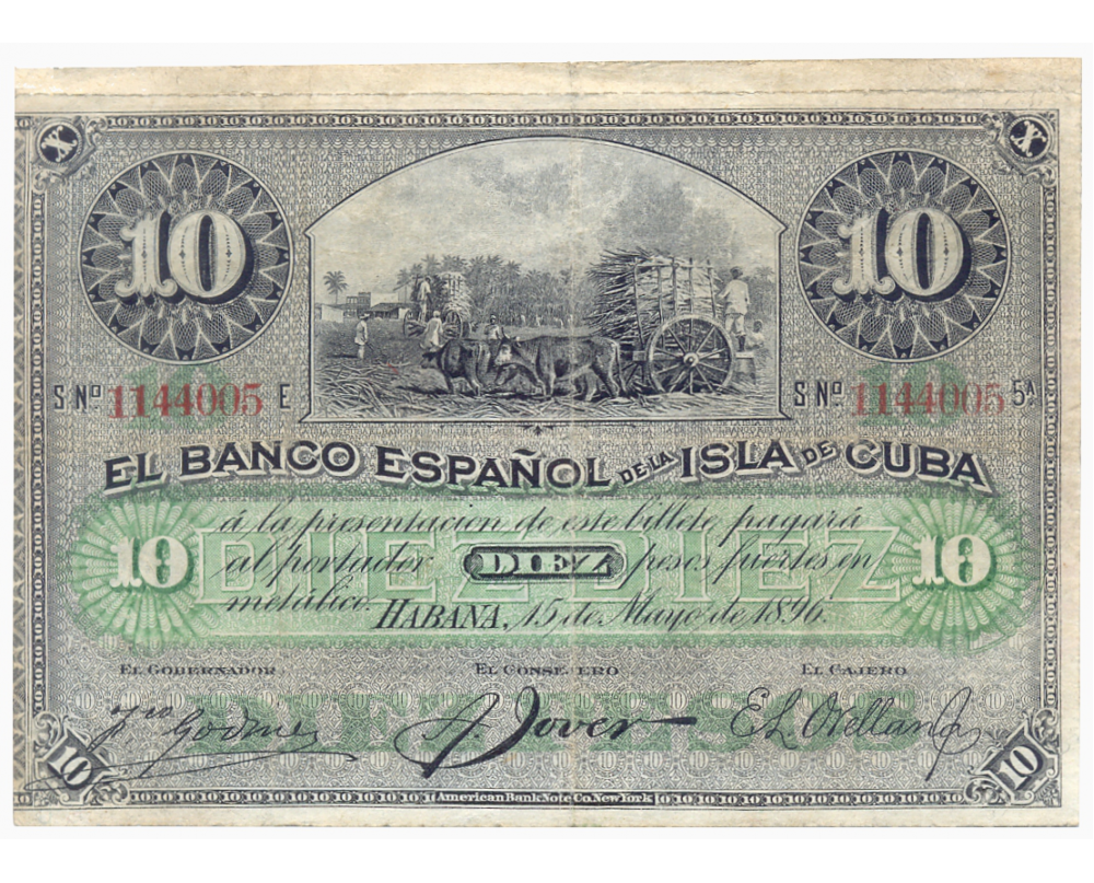 Billete Cuba Resello PLATA 10 Pesos 1896 Banco Español de la Isla de Cuba  - Numisfila