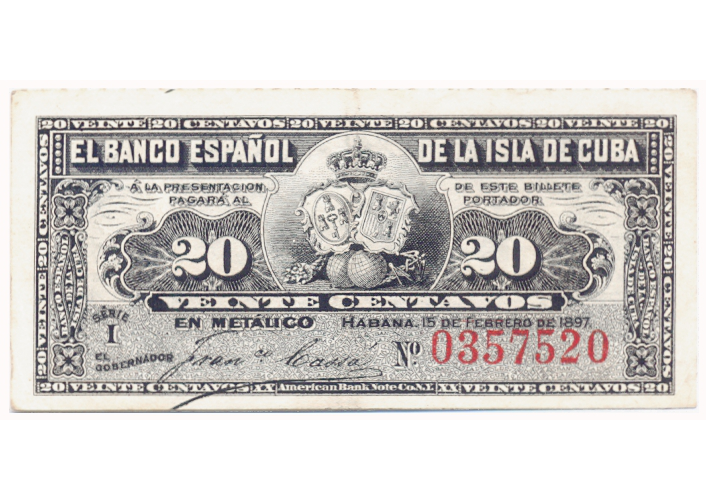 Billete Cuba 20 centavos 1897 El Banco Español de la Isla de Cuba - Numisfila