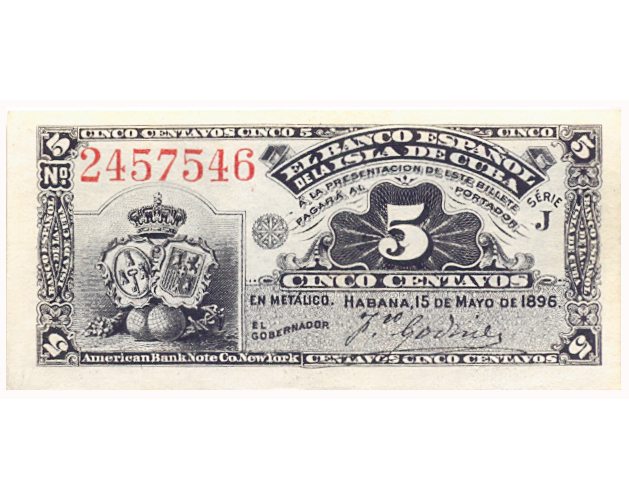 Billete Cuba 5 centavos 1896 El Banco Español de la Isla de Cuba - Numisfila