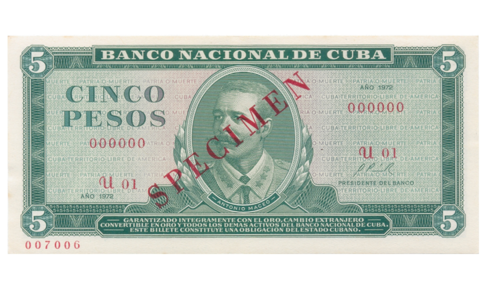 Billete SPECIMEN Cuba 5 Pesos 1972 #007006 - Antonio Maceo - Numisfila
