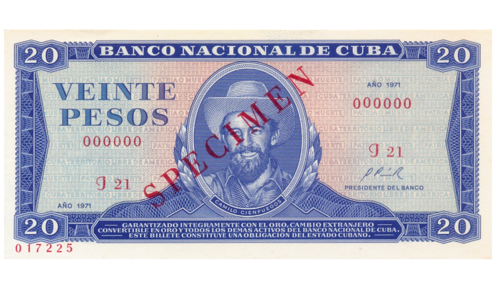 Billete SPECIMEN Cuba 20 Pesos 1971 #017225 - Camilo Cienfuegos - Numisfila