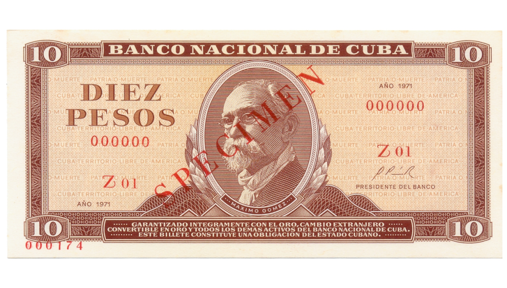 Billete SPECIMEN 10 Pesos 1971 #000174 - Máximo Gómez - Numisfila