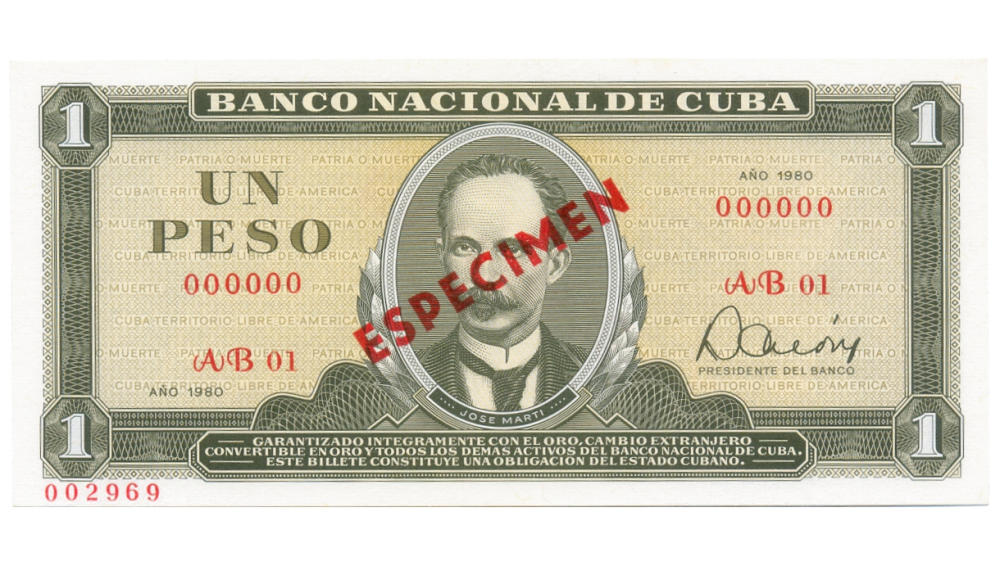 Billete ESPECIMEN Cuba 1 Peso 1980 #002969 - José Martí  - Numisfila