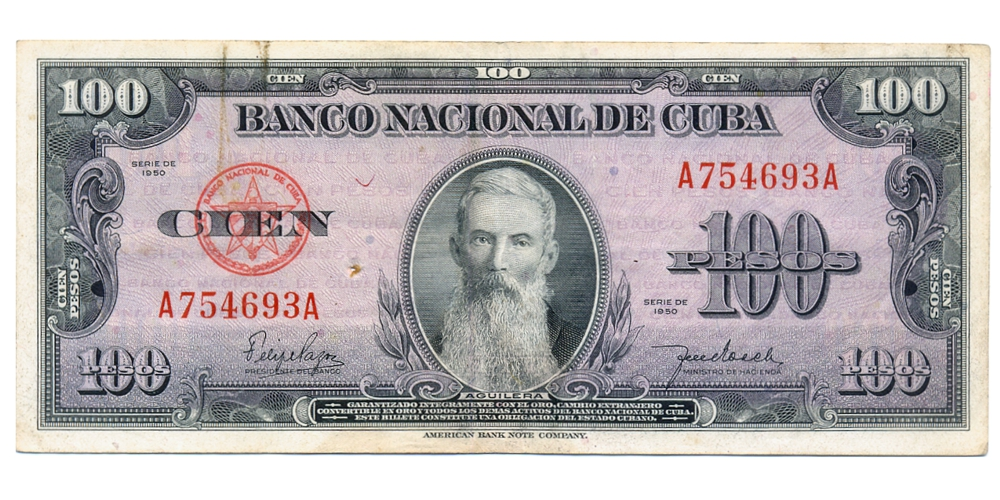 Billete 1ra República Cuba 100 Pesos 1950 - Francisco Aguilera - Numisfila