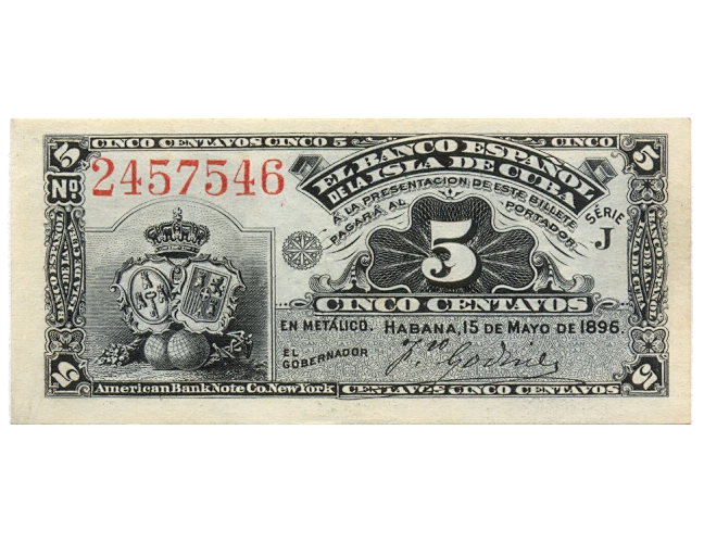 Billete Cuba 5 Centavos 1896 El Banco Español de la Isla de Cuba - Numisfila