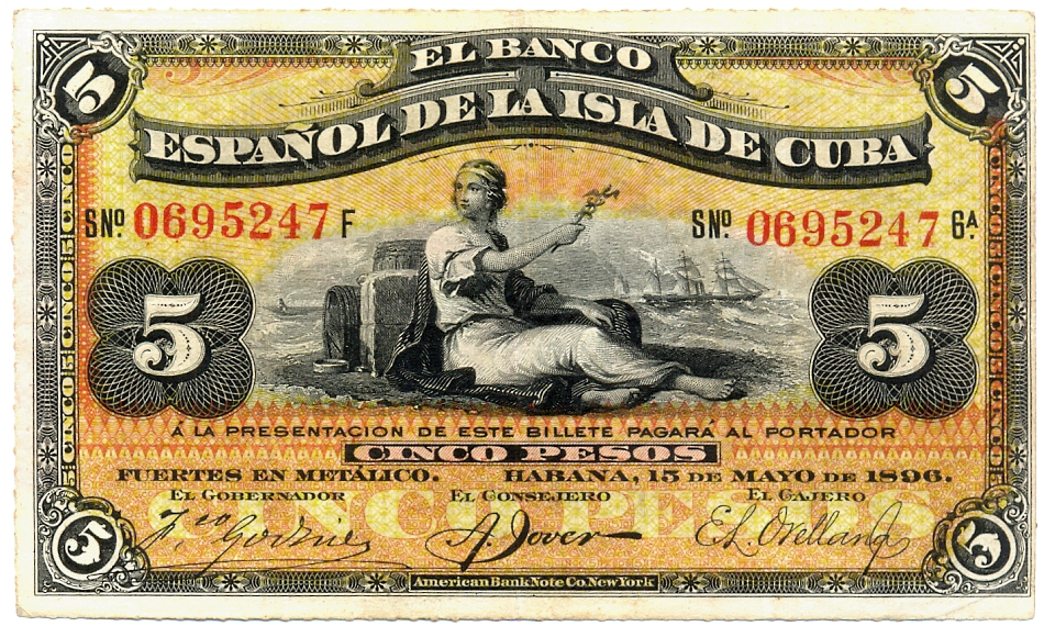 Billete Cuba 5 Pesos 1896 Plata El Banco Español de la Isla de Cuba  - Numisfila