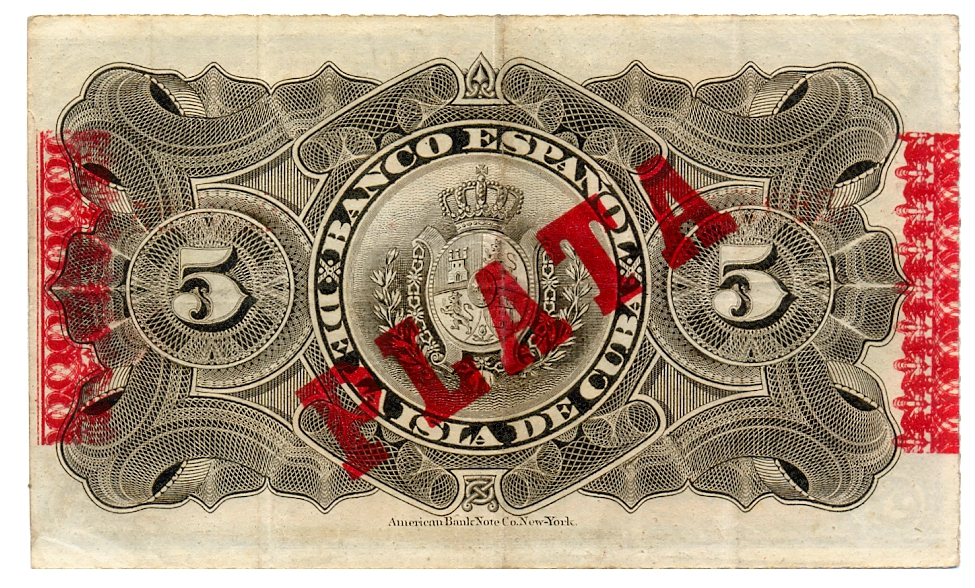 Billete Cuba 5 Pesos 1896 Plata El Banco Español de la Isla de Cuba   - Numisfila