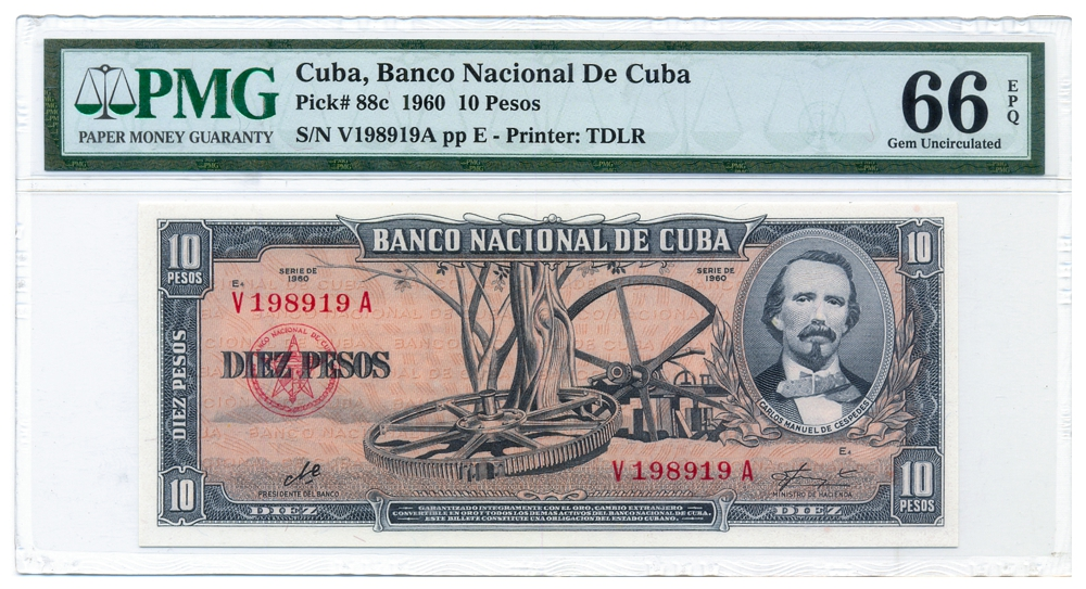 Billete Cuba 10 Pesos 1960 PMG 66 Cespedes, firma El Che - Numisfila