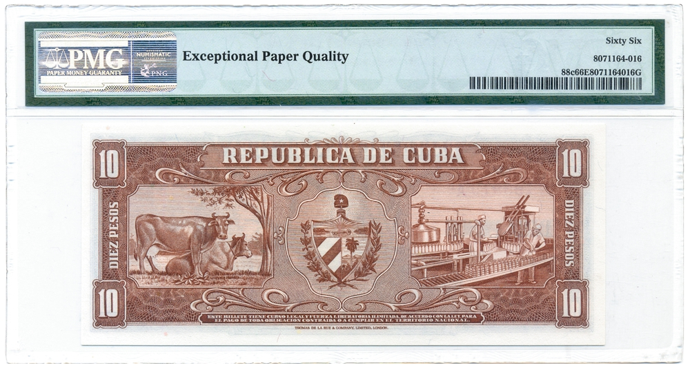 Billete Cuba 10 Pesos 1960 PMG 66 Cespedes, firma El Che  - Numisfila