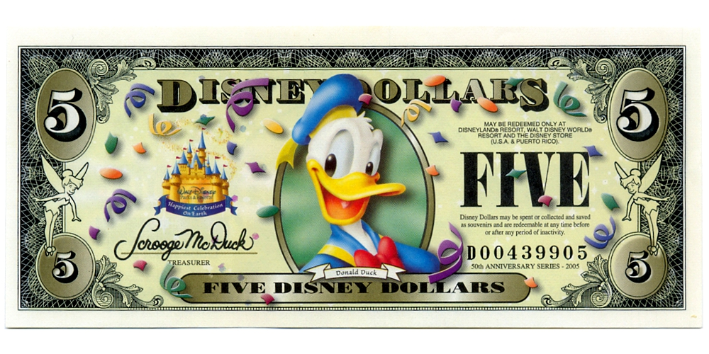 EE. UU. Disney Billete 5 Dollars 2005 Pato Donald Serial D00439905 - Vale Comercial  - Numisfila