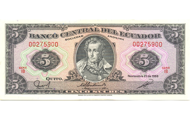 Billete Ecuador 5 Sucres 1982-88 Mariscal de Ayacucho - Numisfila