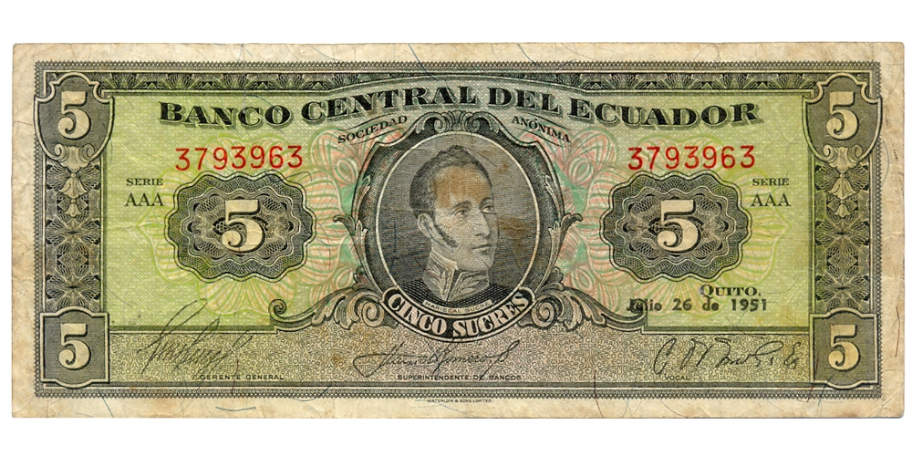 Billete Ecuador 5 Sucres 1951 - Antonio Jose de Sucre  - Numisfila