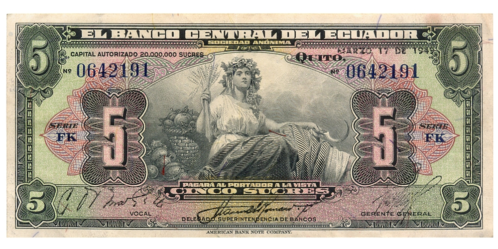 Billete Ecuador 5 Sucres 1949 Alegoría de la Agricultura Diosa Ceres - Numisfila