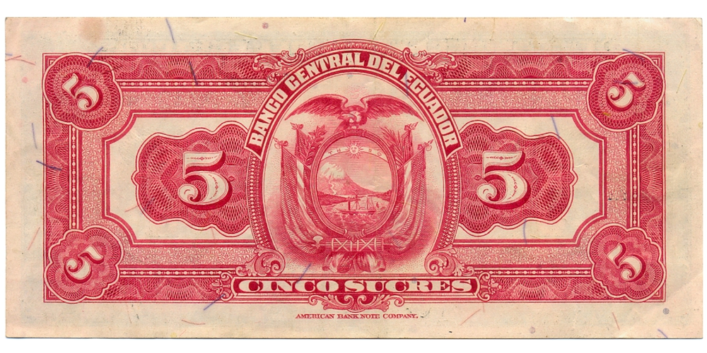 Billete Ecuador 5 Sucres 1949 Alegoría de la Agricultura Diosa Ceres  - Numisfila