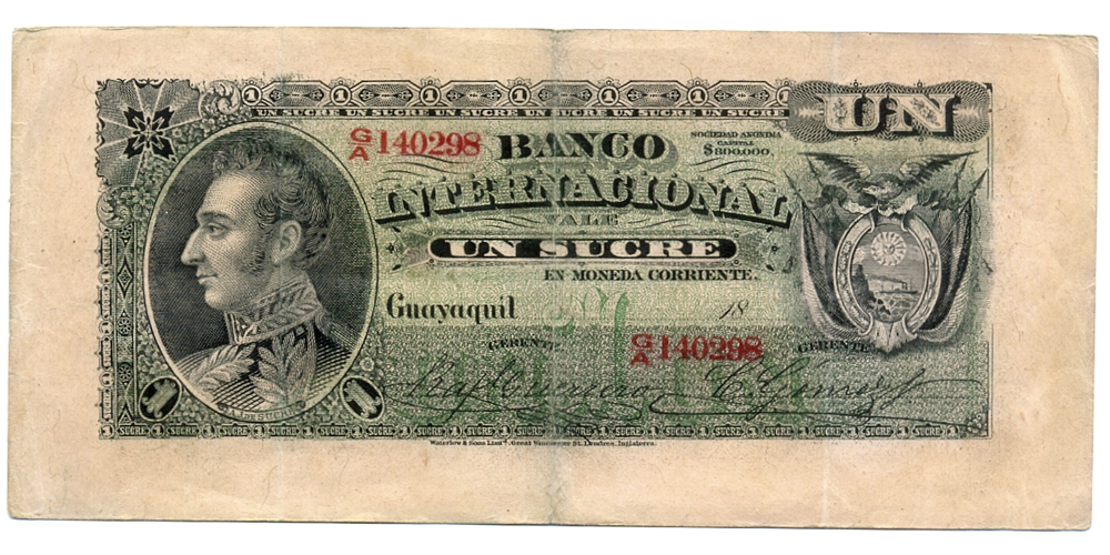 Ecuador Remainder Billete Un Sucre 1886-1894 Antonio José de Sucre - Numisfila