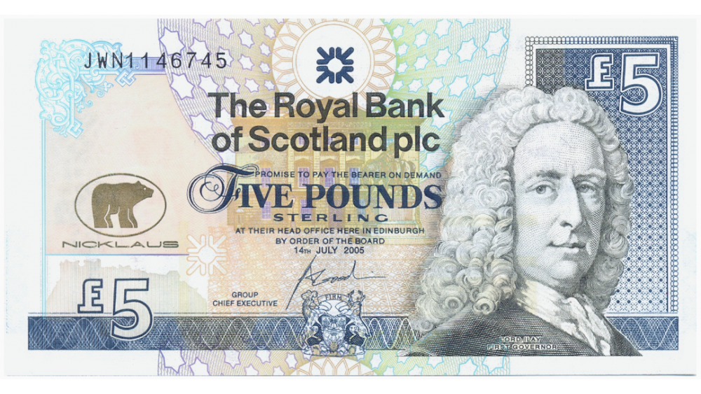 Billete Escocia 5 Pounds 2005 Banco Royal Bank of Scotland Conmemorativo golfista Jack Nicklaus   - Numisfila